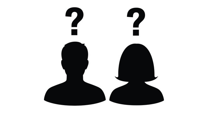 Two question marks hover above a man and woman silhouette