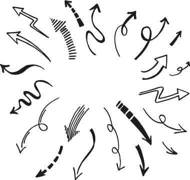 Arrows display a variety of hand-drawn directional signs scattered across a white background to indicate movement or flow in complex digital diagrams.
