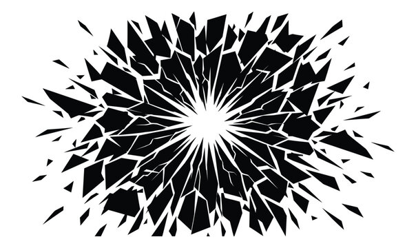 Shattered glass effect with radial cracks and debris isolated on white background