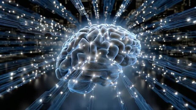 Brain with Connected Network: An intricate depiction of a brain enveloped by a luminous network, symbolizing interconnectedness, intelligence, and the complexities of human cognition. 