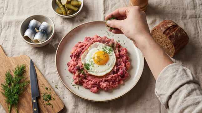 Labskaus Flat Lay with Egg, Dill, and Rollmops, Rustic Artisanal Style