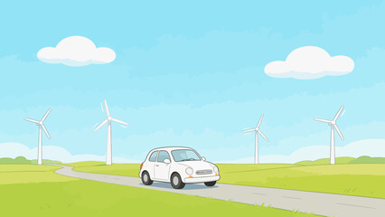 Car on road with wind turbines © k8m