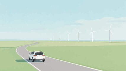 Car on road with wind turbines © k8m