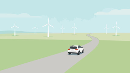 Car on road with wind turbines © k8m