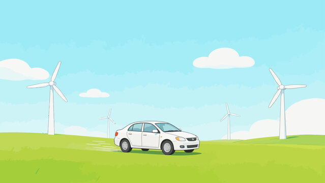 Car on grassy hill with windmills