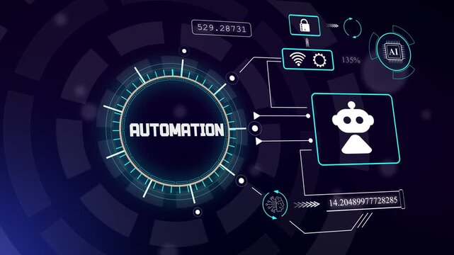 Modern software automation process displaying robotic assistant and digital lock icons for network security systems, hud animation
