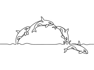 Continuous Line Drawing of Killer Whales Jumping in Ocean, Minimalist Orca Breaching One Line Art Illustration © Uprook
