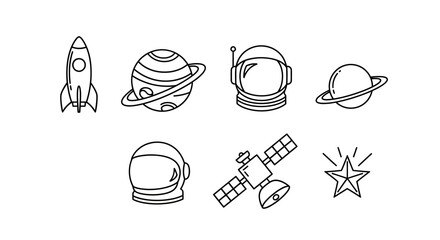 Set of space exploration icons including rockets, planets, and astronauts © Nazriel