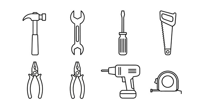 Collection of line art icons for various hand tools