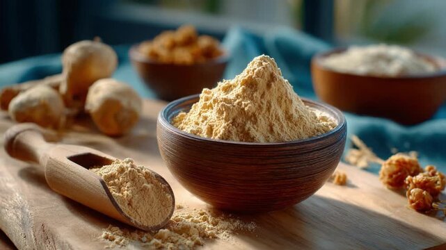 Exotic Maca Delights: A close-up showcases a variety of maca products, from powdered treasures to the wholesome root form, artfully arranged on a wooden board. The scene emanates a vibe of pure.