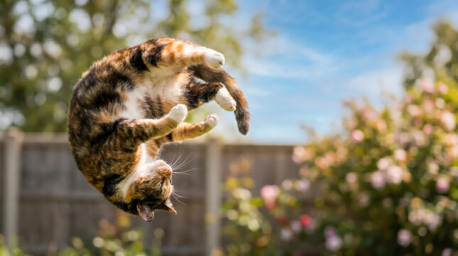 Dynamic high-speed action shot of a cat in a mid-air leap, twisting in a surreal aerodynamic arc with copy space