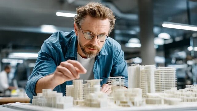 Architect's Vision: An architect meticulously examines a miniature building model in a well-lit studio, showcasing precision and creativity.