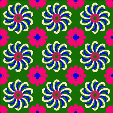 Vibrant Seamless Geometric Flower Pattern on a Green Background