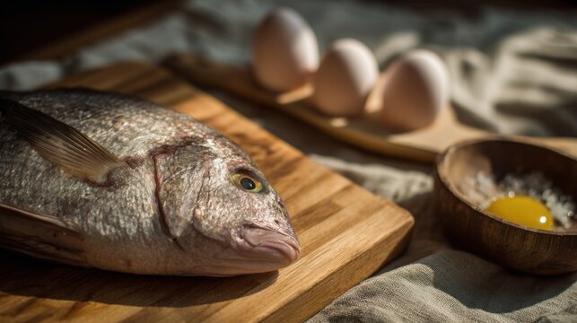 Fresh fish and eggs on cutting boards prepared for cooking still life
