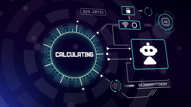 Robotic digital calculation interface with robot assistant icon and mathematical formulas for advanced computing, hud animation