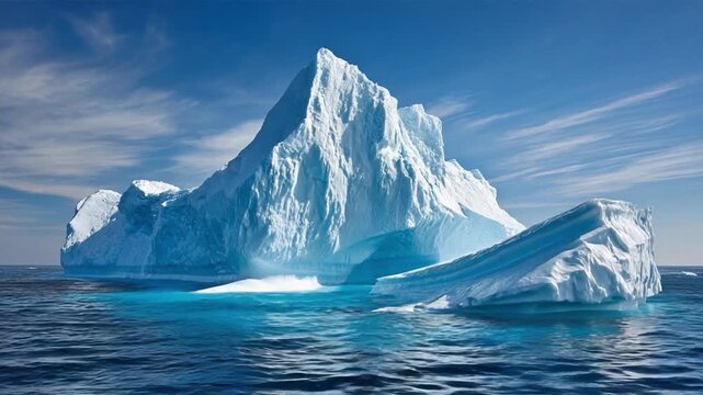 Majestic Iceberg: A colossal iceberg floats serenely in the vast expanse of the ocean, its towering presence sculpted by nature's artistry, reflecting the azure sky above.