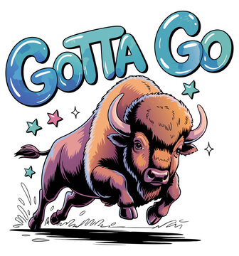 A stylized digital illustration of a charging buffalo in a dynamic pose