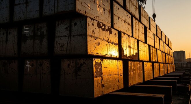 Large stack of heavy metal blocks at sunset