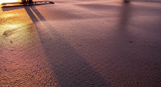 Fresh wet concrete surface being smoothed out at sunset