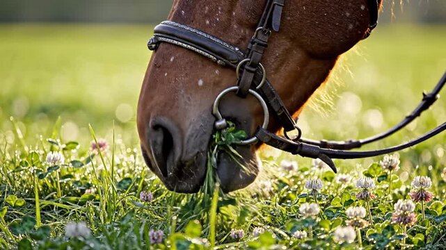 Close-up of a brown horse with a bridle eating green grass and clover in a sunlit field on a clear day