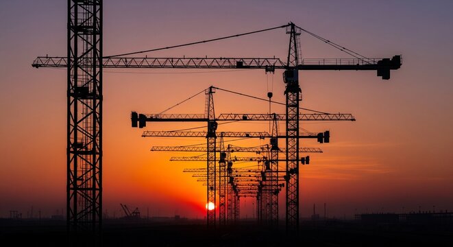 A low-angle perspective looking through a line of tower cranes directly towards a setting sun. The sky is a deep orange-red, and the cranes appear as dark silhouettes