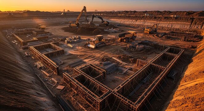 A wide, high-angle view of a massive construction foundation at sunset. Excavators and heavy machinery are working in a large dirt pit with reinforced concrete structures