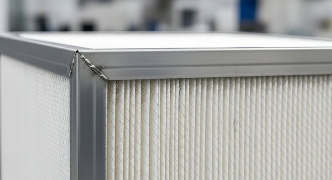 Close-up view of a rectangular air filter with a metal frame and white panels.