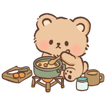 Kawaii Camping Bear Cooking Soup Clipart Cute Camp Kitchen Outdoor Forest Cooking Adventure Illustration