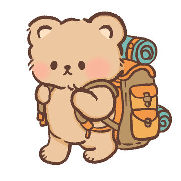 Cute Camping Bear Backpacker Clipart Kawaii Forest Adventure Bear With Hiking Backpack Outdoor Travel Illustration