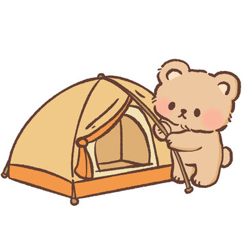 Cute Camping Bear Setting Up Tent Clipart Kawaii Outdoor Camp Setup Forest Adventure Travel Illustration Cozy Nature Scene