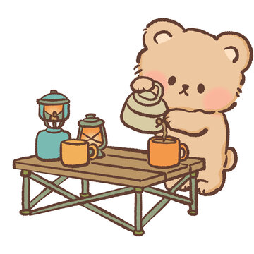 Kawaii Camping Bear Making Coffee Clipart Cute Outdoor Camp Kitchen Coffee Pouring Scene Forest Adventure Cozy Illustration