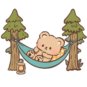 Cute Camping Bear Hammock Clipart Cozy Forest Relax Illustration Kawaii Outdoor Camping Bear Resting Illustration