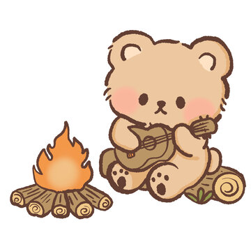 Kawaii Camping Bear Playing Guitar By Campfire Clipart Cute Forest Camp Music Night Outdoor Adventure Illustration
