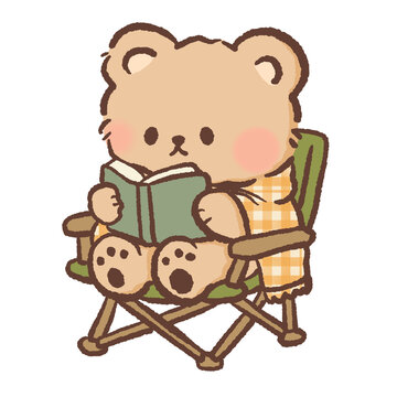 Cute Camping Bear Reading Book Clipart Cozy Camp Chair Forest Relaxing Book Lover Outdoor Kawaii Bear Illustration