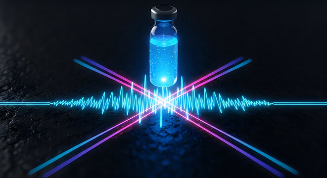 Blue medicine bottle emitting sound waves against dark background