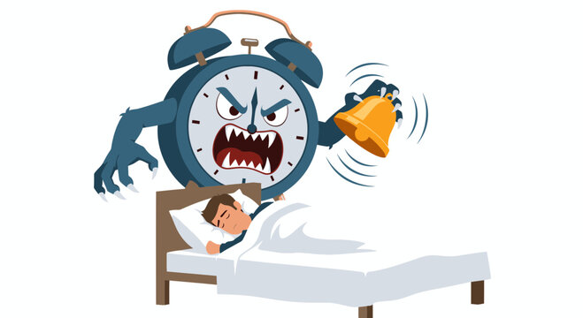 Angry Alarm Clock Monster Waking Up Sleeping Man in Bed, Morning Routine