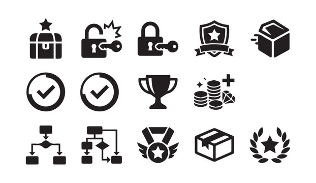 Business success icons set featuring trophies medals chests and process charts