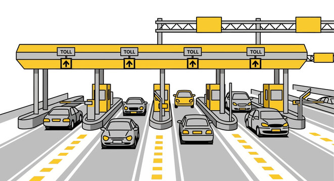 Cars passing through toll booth lanes.