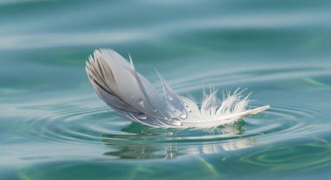 A soft grey bird feather floating on the surface of calm, clear turquoise water with gentle ripples