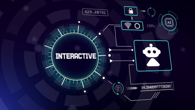 Modern interactive touch interface with robot assistant icon for immersive user experiences and smart tech displays, hud animation