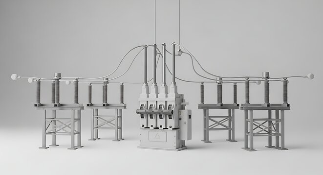 Detailed grayscale image of an electrical power substation with various components.