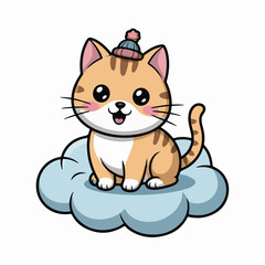 Obraz premium Cute little cartoon ginger cat wearing a small winter hat on cloud