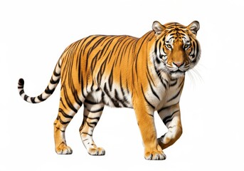 Fototapeta premium Majestic tiger walks forward while looking towards the camera against a clean white background.