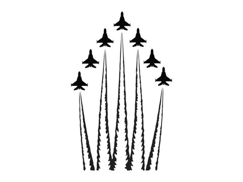 Military jet fighter planes flying in formation with smoke trails creating vertical paths in sky.