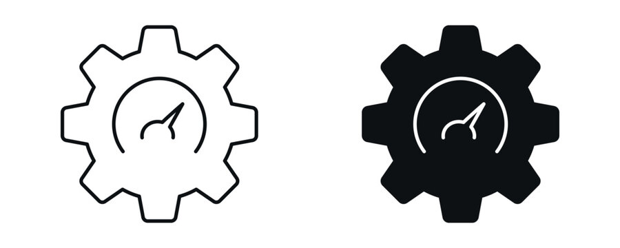 Performance settings icon set, gear with speedometer symbol representing efficiency and optimization in line and solid style. vector illustration.