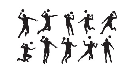 Obraz premium Collection of volleyball player silhouettes in action poses isolated on white background for sports graphic design.