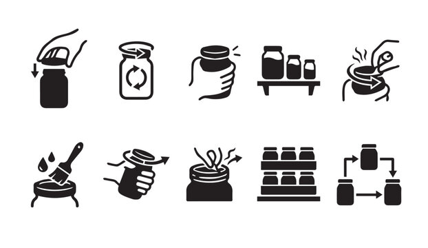 Jar opening and food storage icons set depicting culinary handling instructions