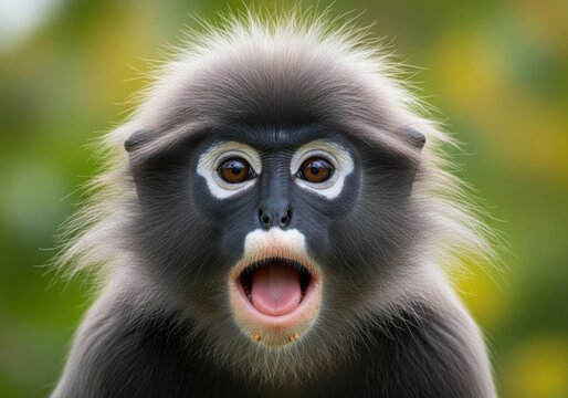 portrait of a dusky leaf monkey showing a surprised expression with its mouth open.