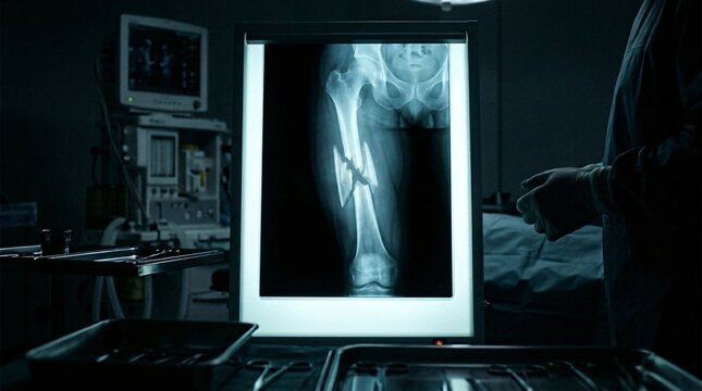 X-ray of a broken leg bone displayed on a light box in a dark medical room, highlighting a severe fracture.