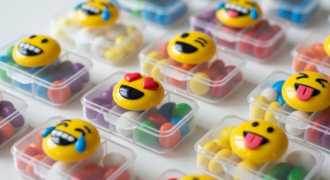 Plastic pill organizers filled with colorful candies and funny emoji lids.